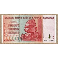 Zimbabve 20 triljoni dolāru ārkārtīgi zema sērija AA01. Zimbabves Centrālās bankas piezīme Zīmes naudas inflācijas rekordvalūtas banknote