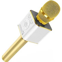 TOSING 04 karaoke mikrofonas suaugusiems vaikams, garsesnis 10 W energijos kiekis, daugiau bosų, 3 viename kilnojamas delninis dvigubas garsiakalbis mikrofonas, skirtas televizoriui / Android / automobiliui / kompiuteriui (auksinis)