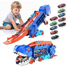 3T6B Dinosaur Transport Truck Toy Cars for Children, with 12 Mini Cars Truck, Portable Racing Track Truck Toy Car, Maximum Capacity of 22 Mini Cars, for Children from 3 4 5 Years