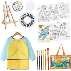 FALUCKYY 29 Pieces Artist Painting Set Acrylic Paint Set for Kids with 12 Acrylic Paints, 6 Brushes, Mini Table Easel, 6 Canvases, Palette, Pantone, Apron, Carry Bag for Toddlers