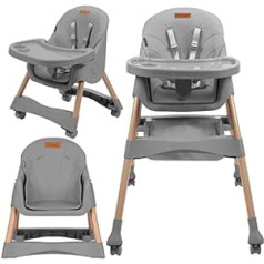 COIL vaikiška aukšta kėdutė, kūdikio kėdutė 2 viename valgomojo kėdė, reguliuojamas nuimamas padėklas, neslystantis, nuo 6 iki 36/96 mėnesių, 5 taškų diržai, aukšta kėdutė, kūdikių aukšta kėdutė, atlaiko iki 15 kg/30 kg (pilka)