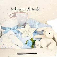Let The Adventure Begin Newborn Baby Gift Basket 11 Pieces Newborn Clothes Socks Toys Plaque Baby Shower Gifts for Mum to Be (Boy)