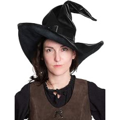 Andracor — rokām darināta īstas ādas raganas cepure karnevālam, viduslaiku tirgum, kosplejam un fantāzijai — krāsa: melna — cepures izmērs: 61-62