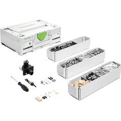 Festool Domino jungčių asortimentas KV-SYS D8 (su korpuso jungtimi Domino, centrine jungtimi Domino, dangteliais, Domino D, gręžimo šablonu, tvirtinimo gręžtuvu, atsuktuvu), systainer