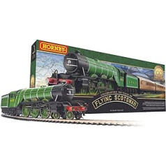 Hornby R1255M lidojošā Scotsman vilciena komplekts — analogā sliežu ceļa modeļa dzelzceļa modelis, ieskaitot lokomotīvi, 3 vilcienus, ovālu starta sliežu ceļu — startera elektrisko modeļu dzelzceļa komplekti — Mērogs 1:76