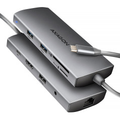 Axagon Hmc-8hlsa kelių prievadų usb-c 3.2 gen 1 šakotuvas, 3x usb-a + 4k/30hz hdmi + sd/microsd, glan, garsas, pd 100w, 20 cm usb-c laidas