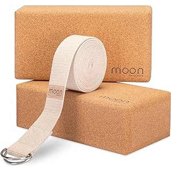 Moon Products jogas bloku komplekts pa 2 ar jogas siksniņu, ražots Portugālē [100% dabīgs korķis], fitnesa aksesuāri pilates, stiepšanās, sporta, meditācijas, reģenerācijas, fasciju komplekts, muguras trenēšanai