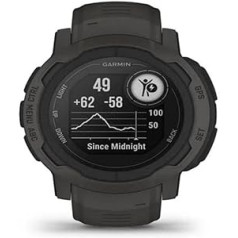 Garmin Instinct 2 — ūdensizturīgs GPS viedpulkstenis ar akumulatora darbības laiku līdz 28 dienām, vairāk nekā 40 sporta lietotnēm, viedajiem paziņojumiem, fitnesa funkcijām, piemēram, fitnesa līmeni, fitnesa vecumu vai miega analīzi.