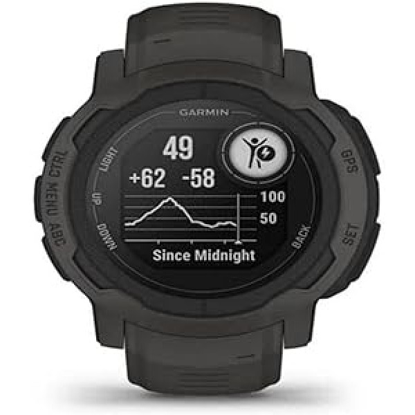 Garmin Instinct 2 — ūdensizturīgs GPS viedpulkstenis ar akumulatora darbības laiku līdz 28 dienām, vairāk nekā 40 sporta lietotnēm, viedajiem paziņojumiem, fitnesa funkcijām, piemēram, fitnesa līmeni, fitnesa vecumu vai miega analīzi.