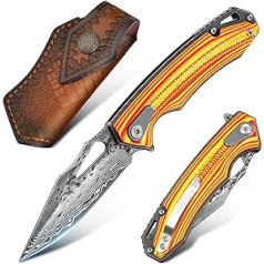 Moontay Damascus Knife Folding Knife Outdoor, Sharp Damask Pocket Knife with G10 Handle Sheath and Clip, Hunting Knife Damascus Steel VG10 for Bushcraft Survival Fishing Camping, Collecting Gifts for