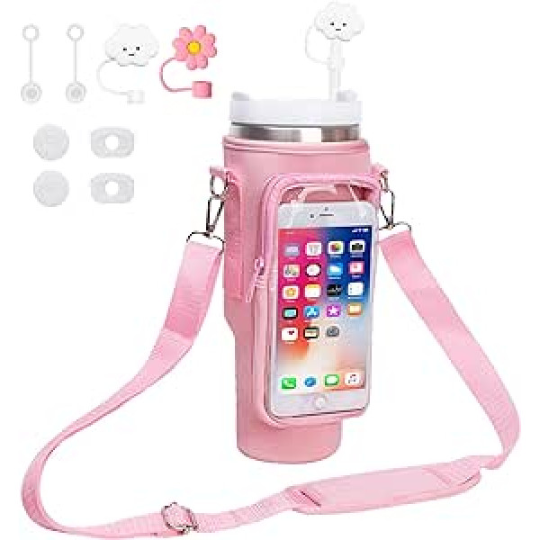 Pankousa H2.0 Water Bottle Backpack for Stanley with Phone Pocket, Adjustable Shoulder Strap, Includes 4 Straw Cover Caps, 2 Square Spout Plugs and 2 Round Spout Stoppers (Pink)