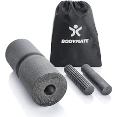 BODYMATE Care ar pamatnes fasijas komplektu, kas sastāv no Fascia Roller Care 35 x 14 cm Vidēji ciets ar visaptverošu rievu, diviem maziem riteņiem ar gludu un rievotu virsmu 20 x 4,5 cm melns ar e-grāmatu