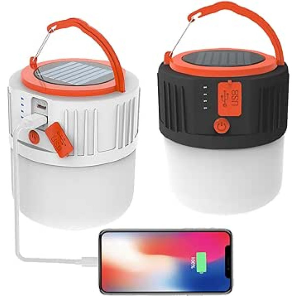 Iepakojumā 2 saules kempinga lampas, uzlādējama USB LED telts lampa, ūdensnecaurlaidīga 5 režīmu āra laterna Power Bank, pārgājieniem, makšķerēšanai, medībām, avārijas gadījumiem, dārzam