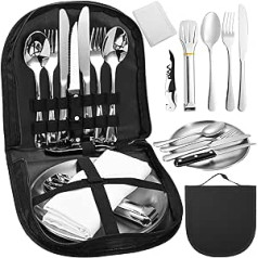 14-piece camping cutlery set, stainless steel outdoor travel cutlery and camping cutlery with napkin, forks, spoons, knives, bottle opener, plates and ideal for cookware, travel, hiking, camping for