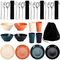 Kyraton Camping Cutlery Set, Reusable Lightweight Cups, Bowls, Plates and Stainless Steel Cutlery with Black Bag, Dishwasher Safe