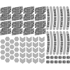 Iepakojumā 72 atstarojošas velosipēdu uzlīmes, pašlīmējošas atstarojošas uzlīmes velosipēdiem, drošības brīdinājuma atstarojoša lente, dienasgaismas atstarojoša lente