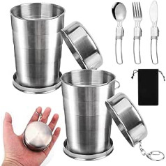 MEYAGOT Pack of 2 Foldable Stainless Steel Cups, 450 ml Stainless Steel Cup, Foldable Cup, Shot Cup, Stainless Steel Folding Cup with Keyring, Portable Folding Cup for Travel, Picnic, Hiking, Outdoor