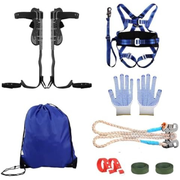 Tree Climbing Equipment Set, Crampons Stainless Steel Tree Climbing & Climbing Harness, Adjustable Full Body Harness, with 1 Pair of Non-Slip Gloves/2 Fall Protection Ropes for Tree