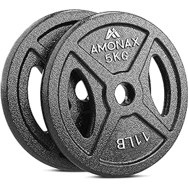 Amonax svara šķīvju komplekts, 2,5 kg, 5 kg, 10 kg hanteles komplekts 25 mm un 50 mm olimpiskajiem svariem, hanteles stienis, metāla svēršanas šķīvji svara celšanai un gurnu spiešanai, čuguna svēršanas šķīvji mājas sporta zālei