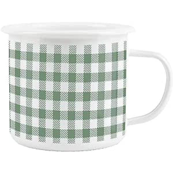 Green Gingham emaljas krūze — balta kempinga izturīgi karstie dzērieni āra krūze ceļojumu piknikiem Mājas pārgājieniem