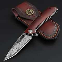 Freelander Damask Pocket Knife, Folding Knife, Outdoor Folding Knife, One-Handed Knife Made of VG-10 Damascus Steel with Sandalwood Handle, Damask Folding Knife High Quality with Holster for Camping &