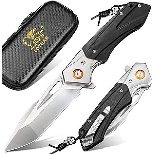 LOTHAR LICH KING Folding Knife, Sharp Pocket Knife Made of D2 Steel, One-Handed Knife with G10 Handle, Outdoor for Camping & Survival, Gifts for Men (Silver)