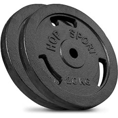 Hop-Sport 40 kg čuguna svaru plāksnes 30 mm - lietie atsvari hanteles komplekti, no kuriem izvēlēties: 4x10kg / 2x20kg / 4x5kg + 2x10kg - 30/31 mm urbums