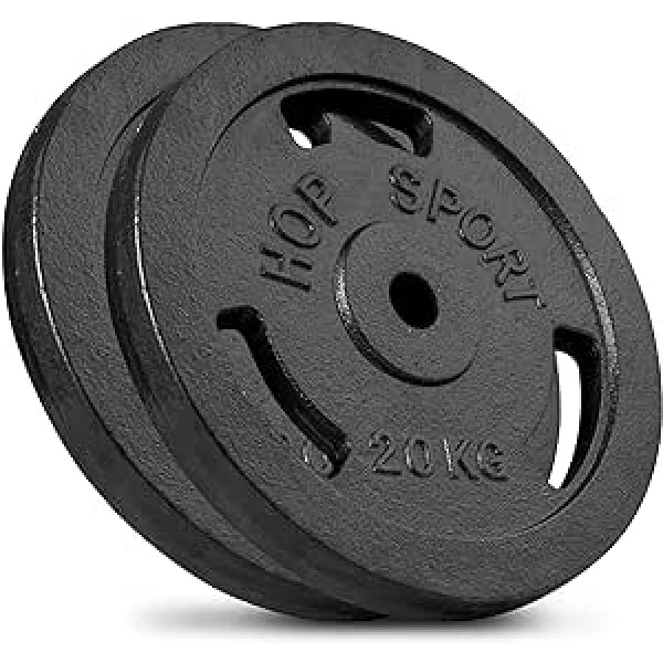 Hop-Sport 40 kg čuguna svaru plāksnes 30 mm - lietie atsvari hanteles komplekti, no kuriem izvēlēties: 4x10kg / 2x20kg / 4x5kg + 2x10kg - 30/31 mm urbums