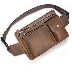 Handadsume Genuine Leather Hiking Riding Travel Fanny Pack Waist Bag Small Phone Bag for Men Women 380, 386 Brown, Classic hip backpack with small chest bag.