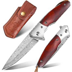 Dragon Creek Damask Folding Knife EDC Pocket Knife with Damascus Steel Blade Beautiful Leather Knife Sheath - Damascus Knife for Outdoor Survival Collection Gift