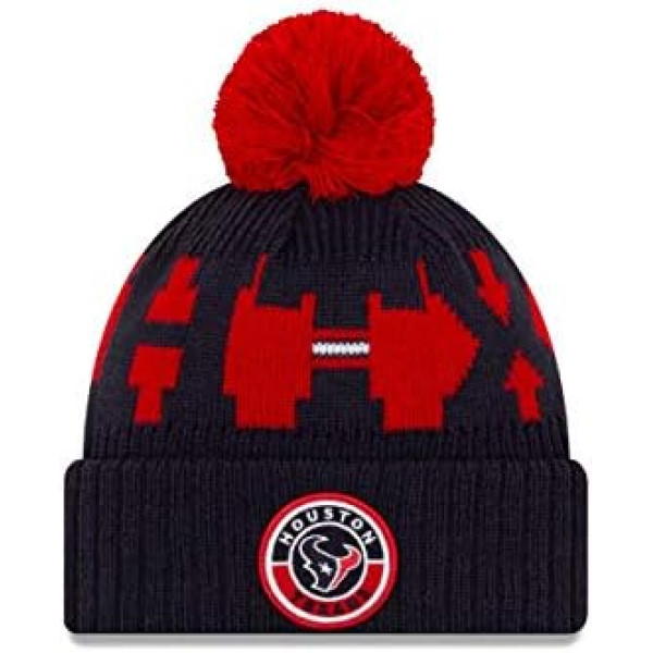 New Era Houston Texans Bommelmütze NFL On Field Sport Knit — Marineblau-Rot