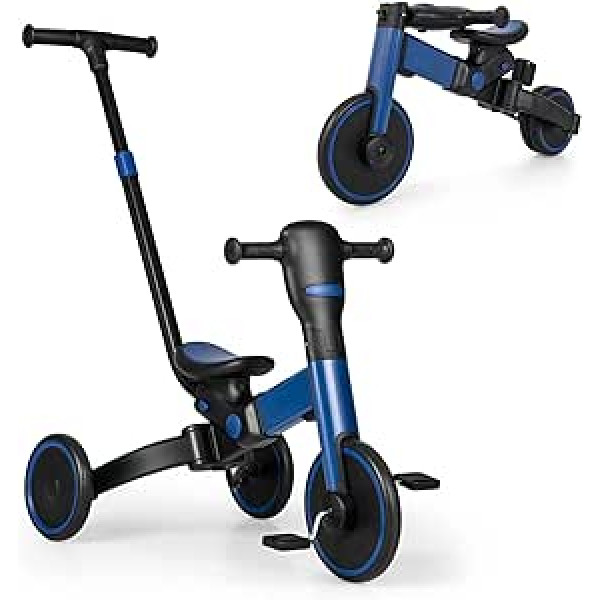 DREAMADE 4-in-1 trīsritenis ar regulējamu stumšanas stieni, līdzsvara velosipēds bērniem no 18 mēnešiem līdz 30 kg, līdzsvara velosipēds ar noņemamu pedāli, bērnu trīsriteņa stumšanas mašīna (zila)