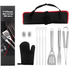 HomeEase BBQ Tool Set - 10 Piece Heavy Duty Stainless Steel BBQ Set with Apron BBQ Utensils Set in Portable Canvas Bag for Outdoor Camping Backyard