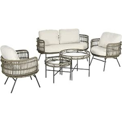 Outsunny Garden Furniture Set, 5-Piece Rattan Furniture Set with Cushions, 2 Armchairs, 2 Coffee Tables, 1 Double Sofa, Balcony Furniture in Boho Style, for 4 People, Aluminium, Brown