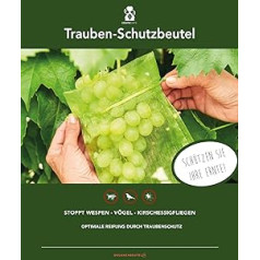 Iepakojumā 100 vīnogu aizsargmaisi, izmērs: 30 x 20 cm, ar aukliņu, aizsardzībai pret lapsenēm, putniem, ķiršu etiķa mušām un citiem kukaiņiem. Organzas maisiņš pret lapseņu ēšanu (sūnu zaļš)