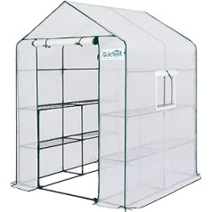 Quictent Greenhouse 195 x 143 x 143 cm, Sturdy Foil Greenhouse with 2 Windows and 12 Shelves, Tomato Greenhouse with Ground Nails and Ropes for Garden and Balcony, White