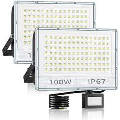 VRTOGTHE LED prožektors ar kustības sensoru āra, 2, 100 W, 10000 LM prožektors, LED āra, IP67 ūdensizturīgs, 7000 K vēss balts āra prožektors ar kustības sensoru dārzam, pagalmam, garāžai,