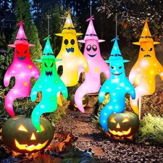 6 dalių 43 colių „Ghost“ vėjo kojinė su LED šviesa, spalvinga kepurė, kabantys Helovino papuošimai, lauko dekoracijos Helovinui, dekoracijos vaiduokliui, lauko vaiduoklis sodo dekoravimui