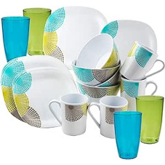 Melamine Camping Crockery Set Dots 20 Pieces with Glasses 280 ml - Turquoise White Green - Dinner Service for 4 People - Outdoor Tableware - Dinnerware Crockery Set - Modern Camping Tableware