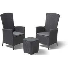 Allibert by Keter Vermont Balcony Furniture Set 2 Chairs and Table Graphite / Cool Grey with Seat Cushion Adjustable Backrest Plastic Flat Rattan Look Weatherproof