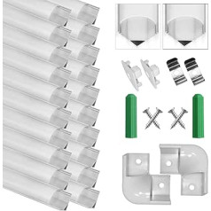 SENXINGYAN LED alumīnija profils, 20 x 1 m V-veida LED profils/LED kanāli ar vāku piena baltā krāsā, gala vāciņi, metāla montāžas klipši un stūra savienotāji LED sloksnēm un LED sloksnēm