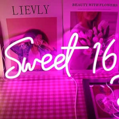 LED Sweet 16 neona izkārtnes ar USB barošanu darbināmas neona gaismas meiteņu istabai Mājas mākslas sienu dekors 16. dzimšanas dienas ballītes logs Dzīvojamās istabas dekors Dzimšanas dienas dāvana meitenēm (rozā)