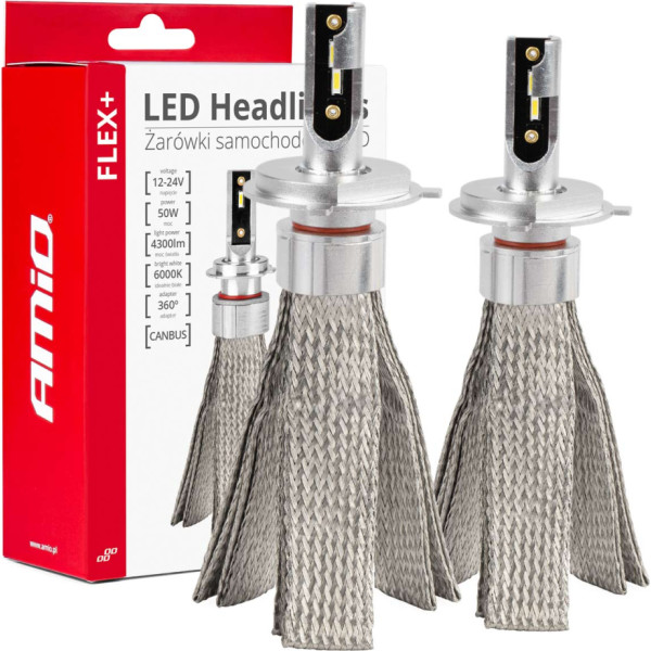 LED auto spuldzes amio flex+ h4 canbus 6000k 12v 24v amio-03657