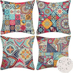 Velvhom Pack of 4 spilvenu pārvalki, 50 x 50 cm, Dīvāna spilvens, Dekoratīvais spilvens, Ziedi, Mandala, Hippie, Boho, Āra spilvena pārvalks, Ūdensizturīgs kvadrātveida spilvenu pārvalks dīvānam, kafejnīcai, āra, iekštelpu,