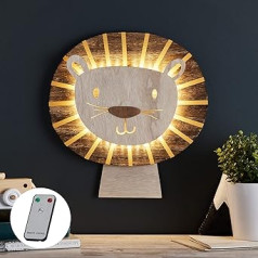 Lights4fun 36 LED Wooden Lion LED Night Light Wall Light with Remote Control and Timer Wall Lamp Children's Room Decoration