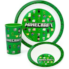 Minecraft 3-Piece Crockery Set | Children Green Tableware Plate Bowl and Tumbler Cup | Creeper Skeleton Enderman Zombie Game Characters