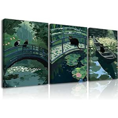 PIY PAINTING Black Cat Art Prints on Canvas, Green Theme Pictures, Set of 3, Cat Means Happiness, Canvas Pictures, Modern Paintings, Wall Decoration with Frame, for Bedroom, Living Room, Office, 30 x