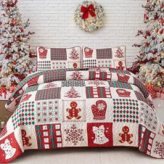 WONGS GULTAS Gultas pārklājs 240 x 260 cm Ziemassvētku gultas pārklājs Red Patchwork Divpusēja sega Snowflake Ziemassvētku sega guļamistabai Stepēta sega ar 2 spilvendrānām 50 x 75 cm