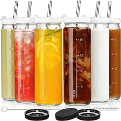 6 Pack Glass Juice Bottles with Straws, Reusable Drinking Glasses with Screw Lid and Silicone Seal, Travel Water Cup, Tall Mason Jar for Juice, Kombucha (Extra 3 Black Lids)