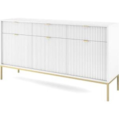 BETTSO - Nova KSZ-154 - Chest of Drawers - Dressing Table - Dresser Cabinet - 83 cm High 154 Wide - 3 Drawers Ribbed - for Living Room - Modern, Glamour - White - with Gold Handles and Legs